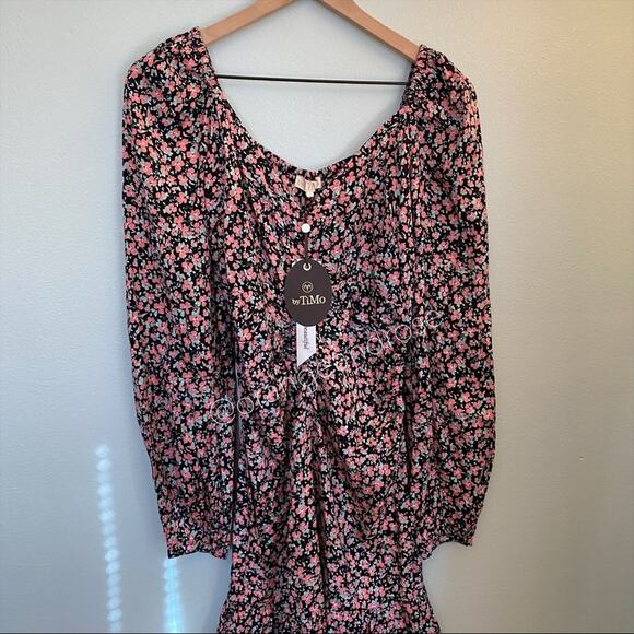 NWT byTiMo Black Pink Viscose Floral Puff Long Sleeve Mini Dress Ditsy Large L - Picture 12 of 14